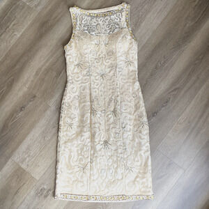 Sue Wong Nocturne Dress Sz 6 Ivory Bead Silver Lace Old Hollywood Cocktail
